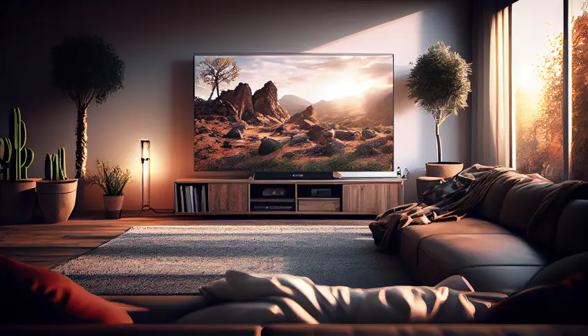 Smart TV 70 polegadas com alta resolução exibindo montanhas.