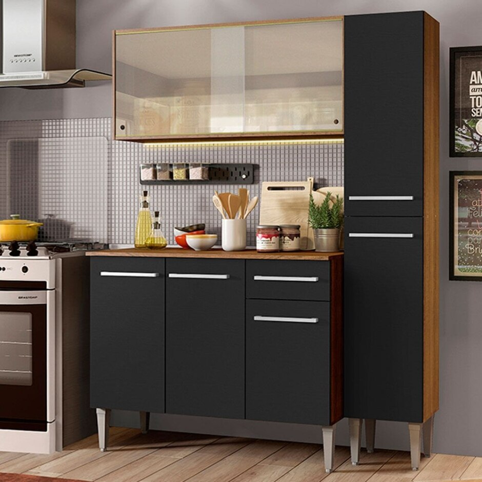Armário de cozinha completo compacto com balcão rústico e cor amadeirada e preto - Lojas Zema