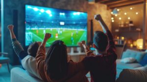 amigos assistindo futebol em uma televisão full hd ou 4k